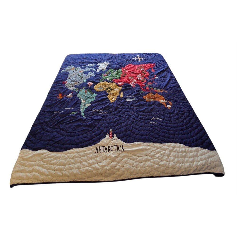 Pottery Barn Kids World Map Quilt Full Queen Navy Blue Continents With 2 Shams